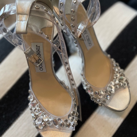 Jimmy Choo Silver Embellished Women's Lucite Platform Sandals Size 38.5 - Picture 2 of 7
